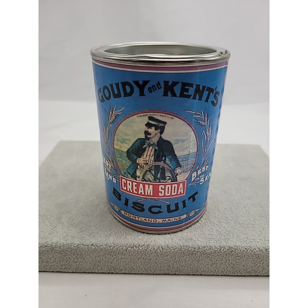 Vintage Tin Coin Bank Goudy and Kent’s Cream Soda Biscuit Blue 4.5"